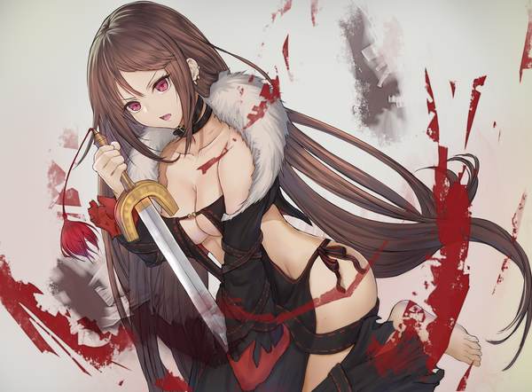 Anime picture 1356x1000 with fate (series) fate/grand order yu mei-ren (fate) suiete single long hair looking at viewer breasts open mouth light erotic simple background red eyes brown hair holding payot long sleeves barefoot grey background fur trim piercing