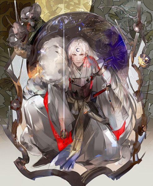 イラスト 823x1000 と 犬夜叉 殺生丸 斎賀時人 ソロ 長髪 長身像 黄色眼 white hair traditional clothes 和服 facial mark face paint 男性 武器 剣 日本刀 毛 玉