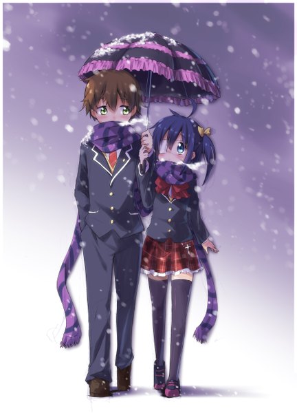 Anime picture 1800x2500 with chuunibyou demo koi ga shitai! kyoto animation takanashi rikka togashi yuuta ayakashi (monkeypanch) tall image blush highres short hair blue eyes twintails yellow eyes looking away one side up snowing winter snow exhalation shared scarf shared umbrella