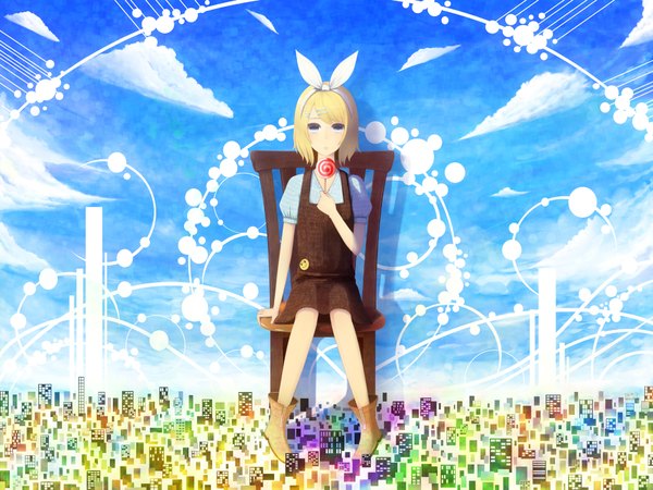 Anime picture 2000x1500 with vocaloid kagamine rin bounin single highres short hair blue eyes blonde hair sitting sky cloud (clouds) girl food sweets chair candy lollipop