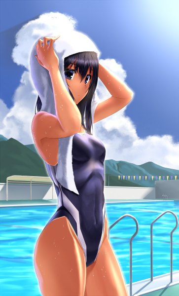 Anime picture 726x1200 with original kiryuu takahisa single tall image short hair blue eyes light erotic black hair sky cloud (clouds) girl swimsuit one-piece swimsuit towel school swimsuit pool