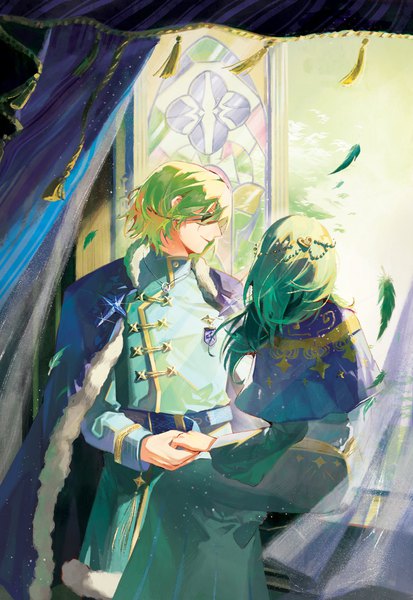 Anime picture 1410x2048 with fire emblem fire emblem: three houses nintendo byleth (fire emblem) dimitri alexandre blaiddyd byleth (female) (fire emblem) enlightened byleth (female) un hisa long hair tall image fringe short hair blonde hair smile hair between eyes standing sitting green hair wind holding hands