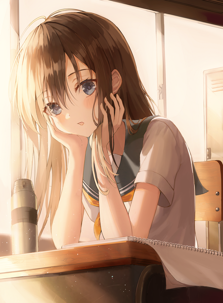 Anime picture 2453x3339 with original refile single long hair tall image looking at viewer blush fringe highres open mouth blue eyes hair between eyes brown hair payot upper body indoors head tilt sunlight :o short sleeves