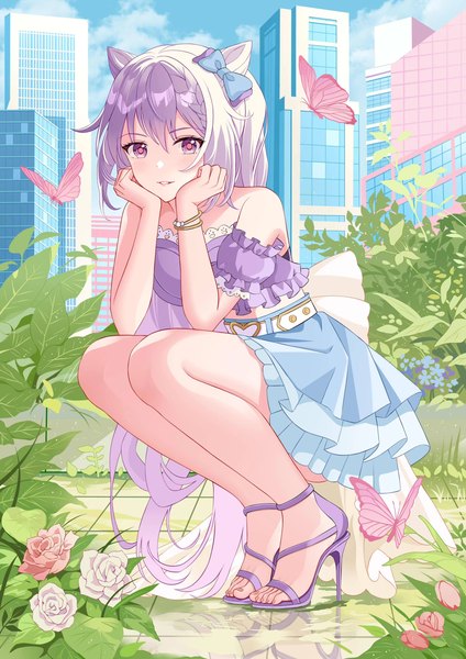 Anime picture 2480x3508 with genshin impact keqing (genshin impact) feng shao kky (arj0522) single long hair tall image looking at viewer blush fringe highres hair between eyes purple eyes sky purple hair cloud (clouds) full body bent knee (knees) outdoors braid (braids) parted lips