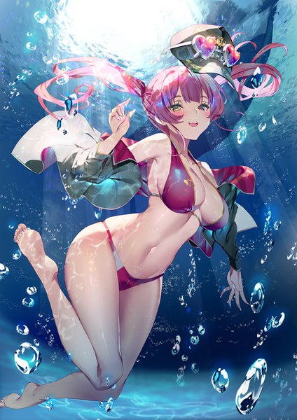 Anime picture 566x800 with virtual youtuber hololive houshou marine houshou marine (summer) yoshimoto (dear life) single long hair tall image looking at viewer blush breasts light erotic large breasts twintails full body red hair bare legs heterochromia underwater hat removed