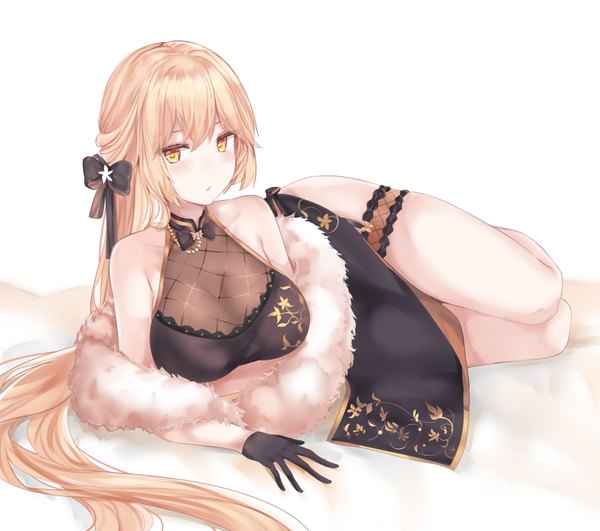 Anime picture 3500x3100 with girls frontline ots-14 (girls frontline) ots-14 (sangria succulent) (girls' frontline) ru zhai single long hair looking at viewer blush fringe highres breasts open mouth light erotic simple background hair between eyes white background bare shoulders yellow eyes absurdres cleavage