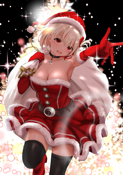 Anime picture 1799x2548 with lycoris recoil nishikigi chisato gibun (sozoshu) single tall image looking at viewer fringe highres short hair breasts open mouth light erotic blonde hair smile red eyes large breasts bare shoulders holding cleavage night