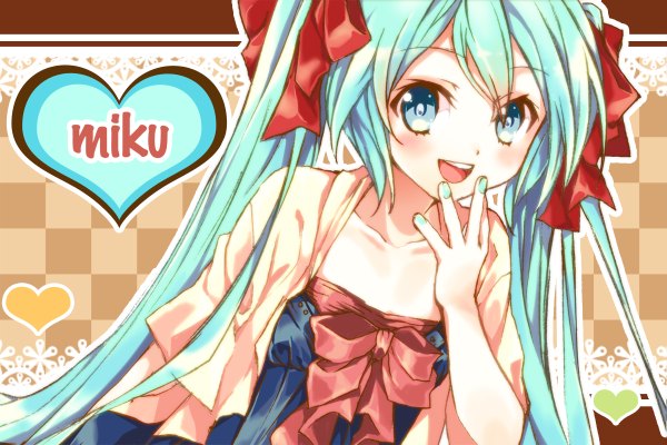 Anime picture 1199x800 with vocaloid hatsune miku long hair open mouth twintails aqua eyes aqua hair checkered background girl heart