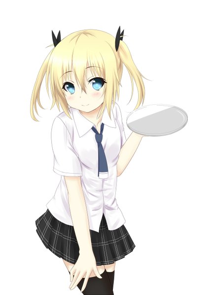 Anime picture 1000x1414 with original saku (kudrove) single tall image short hair blue eyes simple background blonde hair white background twintails short twintails girl thighhighs skirt black thighhighs miniskirt shirt white shirt