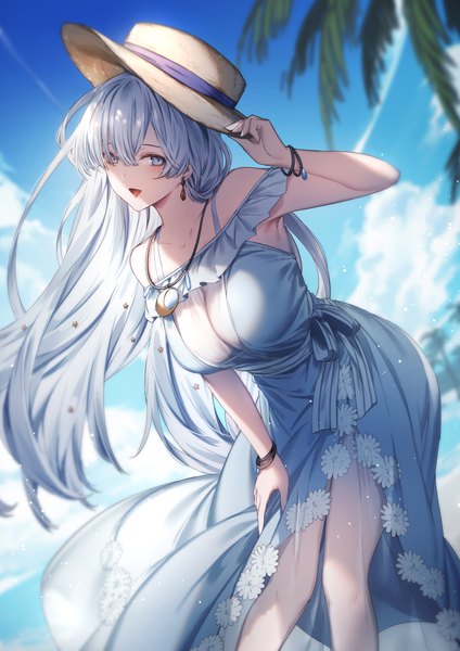 Anime-Bild 1400x1980 mit fate (series) fate/grand order anastasia (fate) anastasia (swimsuit archer) (fate) kyouya (mukuro238) single long hair tall image looking at viewer fringe open mouth light erotic smile standing bare shoulders signed sky silver hair cloud (clouds) outdoors