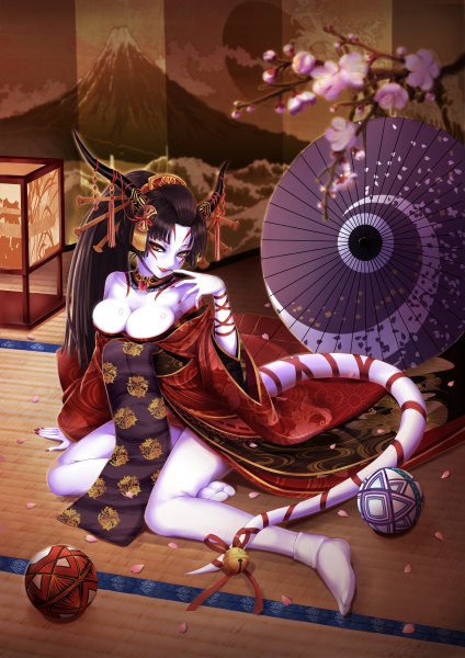 Anime picture 848x1200 with original zeroshiki kouichi single long hair tall image looking at viewer breasts light erotic black hair cleavage tail traditional clothes japanese clothes horn (horns) girl hair ornament petals kimono umbrella bell