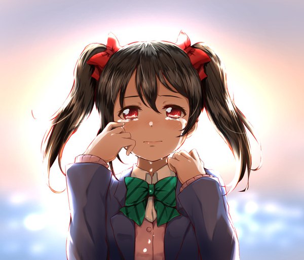 Anime picture 1400x1200 with love live! school idol project sunrise (studio) love live! yazawa nico ichiban no yagi single long hair looking at viewer fringe black hair hair between eyes red eyes twintails upper body sunlight blurry tears evening sunset hand on face