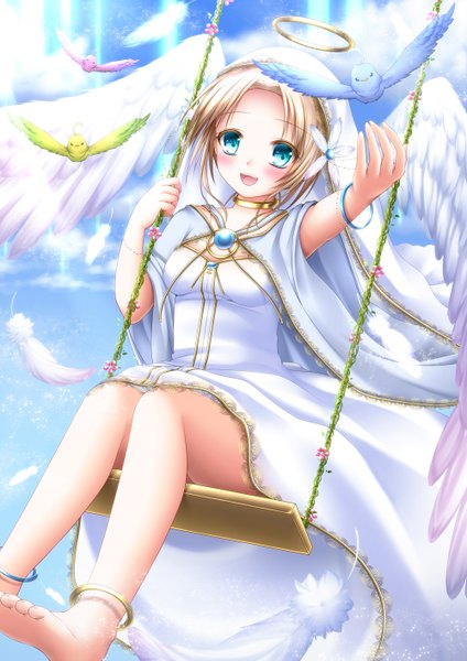Anime picture 1000x1414 with original shitou single tall image blush short hair open mouth blue eyes blonde hair girl dress animal wings bracelet bird (birds) feather (feathers)