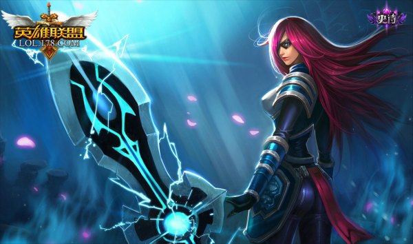 Anime picture 1215x717 with league of legends irelia (league of legends) single long hair looking at viewer blue eyes wide image pink hair girl weapon armor mask