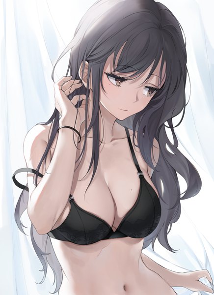 Anime picture 3500x4811 with original emyo single long hair tall image fringe highres breasts light erotic black hair smile large breasts brown eyes looking away absurdres cleavage upper body mole mole under eye underwear only