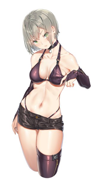 Anime picture 800x1357 with original fangxiang cuoluan single tall image looking at viewer blush fringe short hair breasts light erotic simple background hair between eyes standing white background bare shoulders green eyes cleavage head tilt grey hair shiny skin