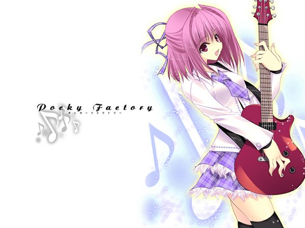 Anime picture 1024x768 with kobayashi chisato short hair red eyes pink hair wallpaper zettai ryouiki half updo thighhighs musical instrument guitar musical note