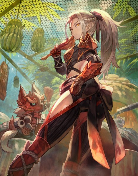 Anime picture 1174x1500 with monster hunter monster hunter: world felyne odogaron (armor) meowscular chef lack single long hair tall image looking at viewer blonde hair standing holding yellow eyes payot ass ponytail braid (braids) looking back from behind