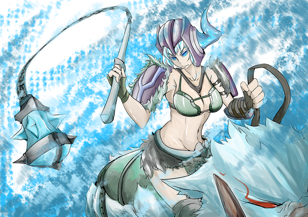Anime picture 1123x794 with league of legends enpitsu (pixiv id1249385) single short hair breasts blue eyes light erotic large breasts blue hair riding girl navel animal helmet mace