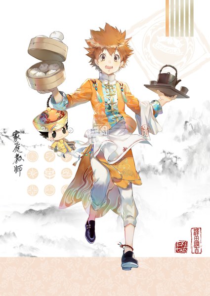 Anime picture 1504x2125 with katekyou hitman reborn sawada tsunayoshi reborn ekita xuan single tall image looking at viewer fringe short hair open mouth simple background brown hair white background holding brown eyes full body traditional clothes multiple boys chinese clothes spiked hair