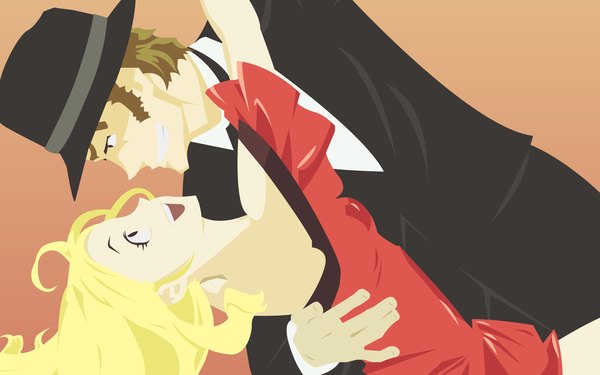 Anime picture 1920x1200 with baccano! miria harvent isaac dian highres open mouth blonde hair smile brown hair wide image bare shoulders brown eyes profile vector dancing laughing sidewhiskers dress hat shirt bowtie