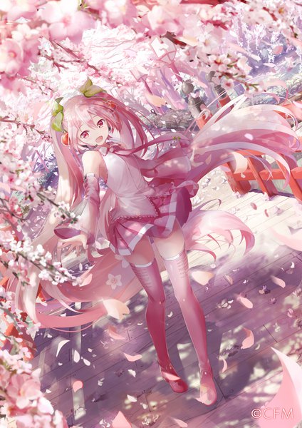 Anime picture 1200x1697 with vocaloid hatsune miku sakura miku daidou (demitasse) single tall image looking at viewer blush fringe open mouth hair between eyes twintails pink hair full body outdoors very long hair pink eyes wind zettai ryouiki cherry blossoms