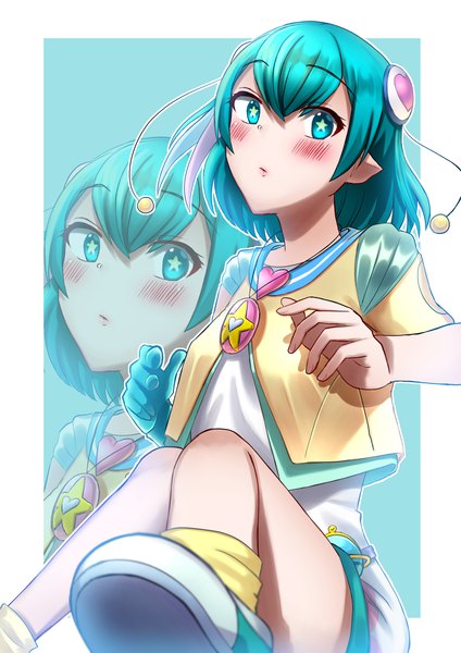 Anime picture 3307x4677 with precure star twinkle precure toei animation hagoromo lala rierakuma single tall image looking at viewer blush fringe highres short hair simple background hair between eyes absurdres aqua eyes aqua hair border symbol-shaped pupils zoom layer