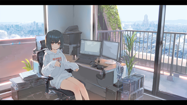 Anime picture 1000x562 with original ac (eshi) single looking at viewer fringe short hair black hair smile hair between eyes wide image sitting holding brown eyes sky indoors bare legs city sleeves past wrists letterboxed cityscape