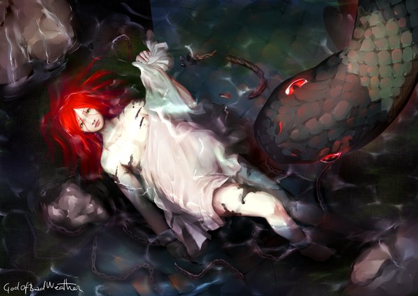 Anime picture 1024x724 with godofbadweather long hair red eyes green eyes signed red hair from above ophelia's pose god boy animal water chain stone (stones) snake thread