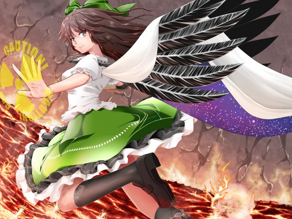 Anime picture 1920x1440 with touhou reiuji utsuho excel (shena) single long hair highres brown hair brown eyes starry sky print girl skirt bow hair bow miniskirt shirt wings socks black socks cape green skirt