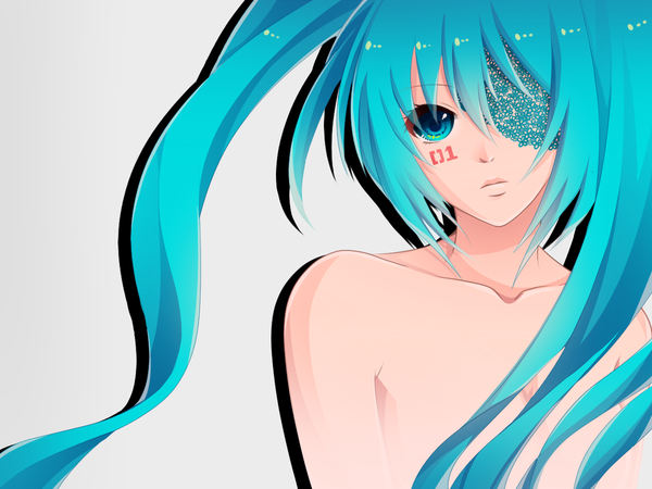 Anime picture 1200x900 with vocaloid hatsune miku single light erotic white background blue hair no bra girl eyepatch
