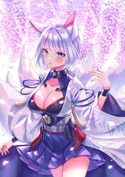 Anime picture 1415x2000 with azur lane kaga (azur lane) zoff (daria) single tall image blush fringe short hair breasts open mouth blue eyes light erotic simple background large breasts standing white background animal ears looking away silver hair outdoors