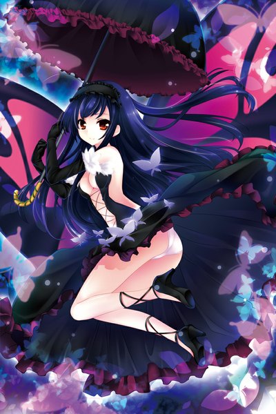 Anime picture 700x1050 with accel world sunrise (studio) kuroyukihime mikanneko single long hair tall image looking at viewer blush fringe breasts light erotic smile brown eyes blue hair high heels sleeveless bare back insect wings butterfly wings