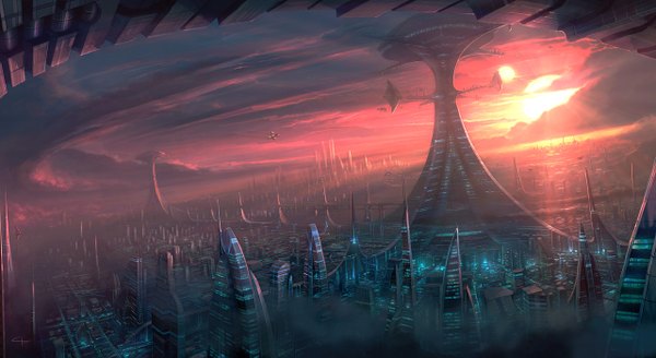 Anime picture 1280x700 with original antifan real (artist) wide image cloud (clouds) city evening sunset cityscape science fiction panorama