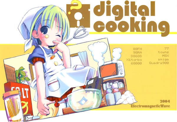 Anime picture 2025x1400 with original pop single looking at viewer blush highres short hair one eye closed green hair copyright name licking food on face ? finger licking 2004 girl food tongue apron bottle