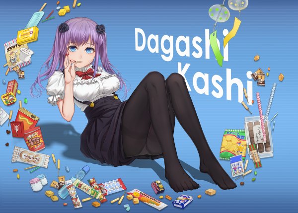 Anime picture 1200x858 with dagashi kashi feel (studio) umaibou shidare hotaru kirigaku luo single long hair looking at viewer blue eyes light erotic purple hair full body pantyshot legs girl dress hair ornament underwear panties pantyhose