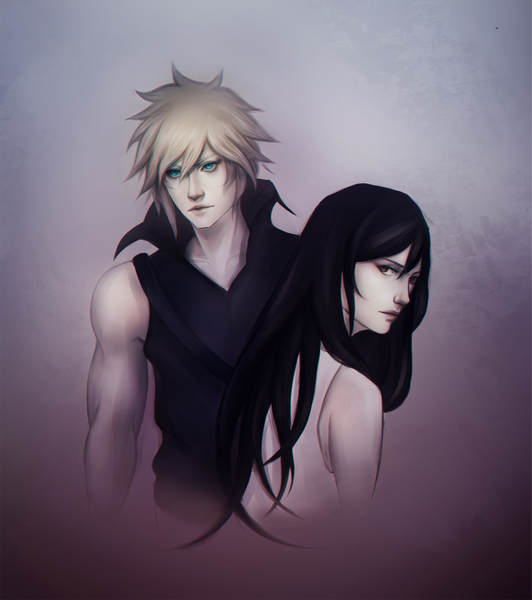 Anime picture 1095x1234 with final fantasy vii advent children final fantasy final fantasy vii square enix tifa lockhart cloud strife robasarel long hair tall image short hair blue eyes black hair simple background blonde hair bare shoulders brown eyes girl boy