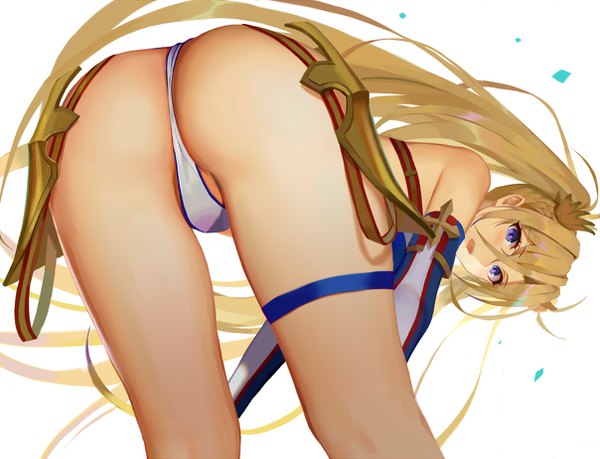 Anime picture 1207x924 with fate (series) fate/grand order bradamante (fate/grand order) kamikakushi no ocarino single long hair looking at viewer blush fringe open mouth light erotic simple background blonde hair hair between eyes white background twintails bare shoulders payot ass looking back