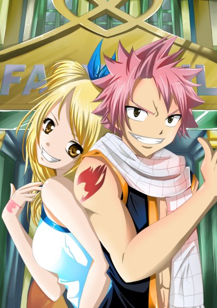 Anime picture 2480x3508 with fairy tail lucy heartfilia natsu dragneel thaoiiees long hair tall image highres short hair blonde hair smile brown eyes green eyes pink hair tattoo sleeveless grin muscle back to back girl boy