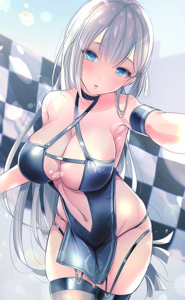 Anime picture 927x1500 with azur lane shoukaku (azur lane) shoukaku (sororal wings) (azur lane) seia (tikxxx) single long hair tall image looking at viewer blush fringe breasts open mouth blue eyes light erotic large breasts standing silver hair head tilt mole :o