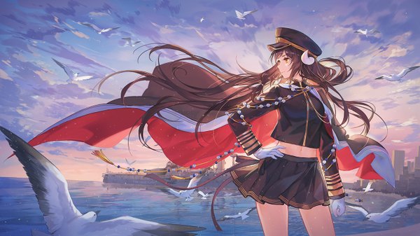Anime picture 1280x720 with azur lane mikasa (azur lane) mikasa (style of the sakura capital) (azur lane) criin single long hair fringe smile brown hair wide image standing brown eyes signed looking away sky cloud (clouds) outdoors long sleeves pleated skirt horn (horns)