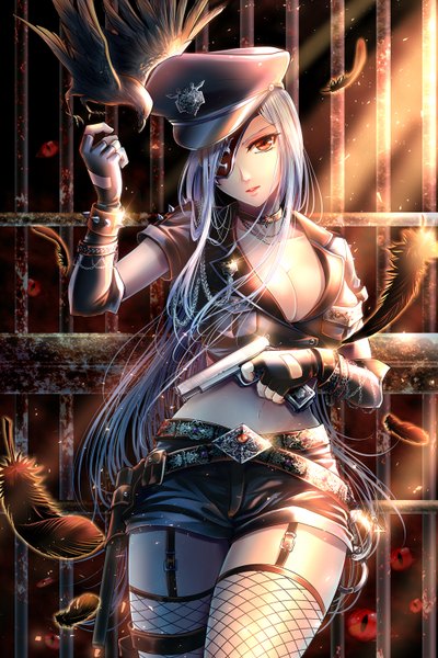 Anime picture 1000x1500 with original herz single long hair tall image looking at viewer parted lips lips grey hair bare belly midriff orange eyes eyes girl thighhighs gloves navel weapon animal choker