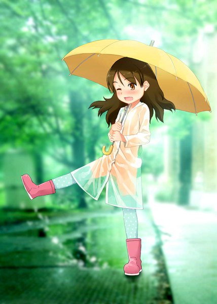 Anime picture 1141x1600 with original yoshida seiji single long hair tall image blush open mouth light erotic smile brown hair standing brown eyes full body one eye closed blurry depth of field flat chest standing on one leg polka dot ;d