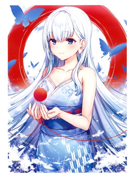 Anime picture 2919x3805 with original eshi 100-nin ten komeshiro kasu single tall image blush fringe highres breasts blue eyes simple background smile standing bare shoulders white hair blunt bangs very long hair traditional clothes japanese clothes scan