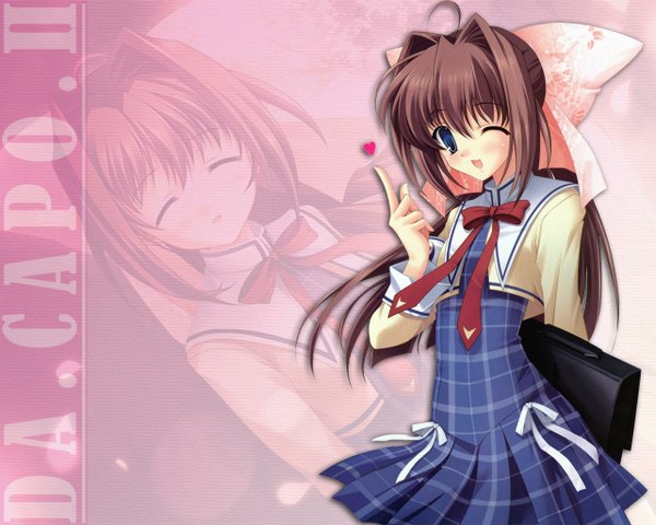 Anime picture 1280x1024 with da capo da capo ii long hair blush open mouth smile brown hair one eye closed wink girl uniform ribbon (ribbons) hair ribbon school uniform heart briefcase