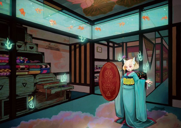 Anime picture 1447x1023 with original kaworu single short hair open mouth blonde hair red eyes animal ears cloud (clouds) traditional clothes japanese clothes wide sleeves fox ears spread arms girl bow water kimono clock fish (fishes)
