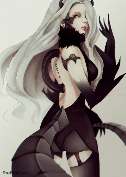Anime picture 857x1200 with original rinrindaishi single long hair tall image fringe simple background green eyes signed ass tail horn (horns) grey hair hair over one eye piercing back girl thighhighs black thighhighs earrings