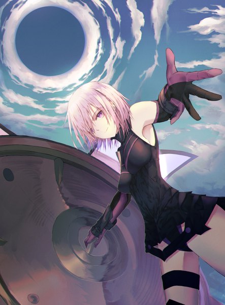 Anime picture 4512x6102 with fate (series) fate/grand order mash kyrielight tgb0223 single tall image looking at viewer fringe highres short hair breasts light erotic smile purple eyes bare shoulders holding pink hair absurdres sky cloud (clouds)