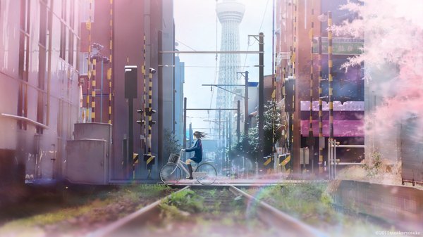Anime picture 1920x1080 with original tanaka ryosuke single highres brown hair wide image outdoors wind blurry depth of field cherry blossoms city riding real world location railroad crossing tokyo girl uniform plant (plants) school uniform