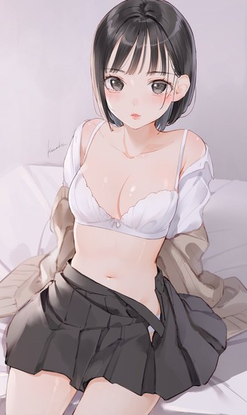 Anime picture 1236x2072 with original kinako (shiratama mochi) single tall image looking at viewer blush fringe short hair breasts light erotic black hair large breasts sitting signed cleavage indoors blunt bangs parted lips from above black eyes